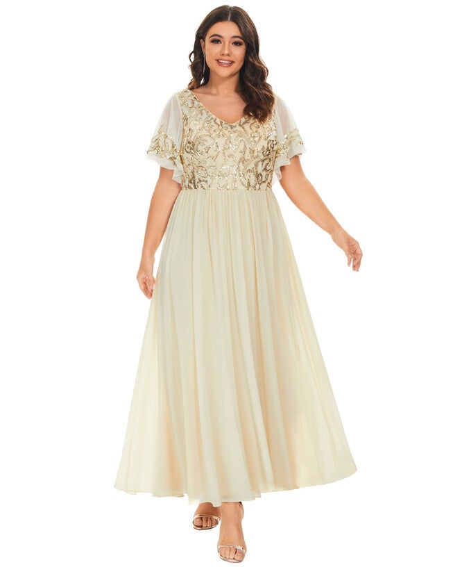V-Neck Short Sleeve Sequin Bodice Mother of the Bride Dress, , alternate image number null