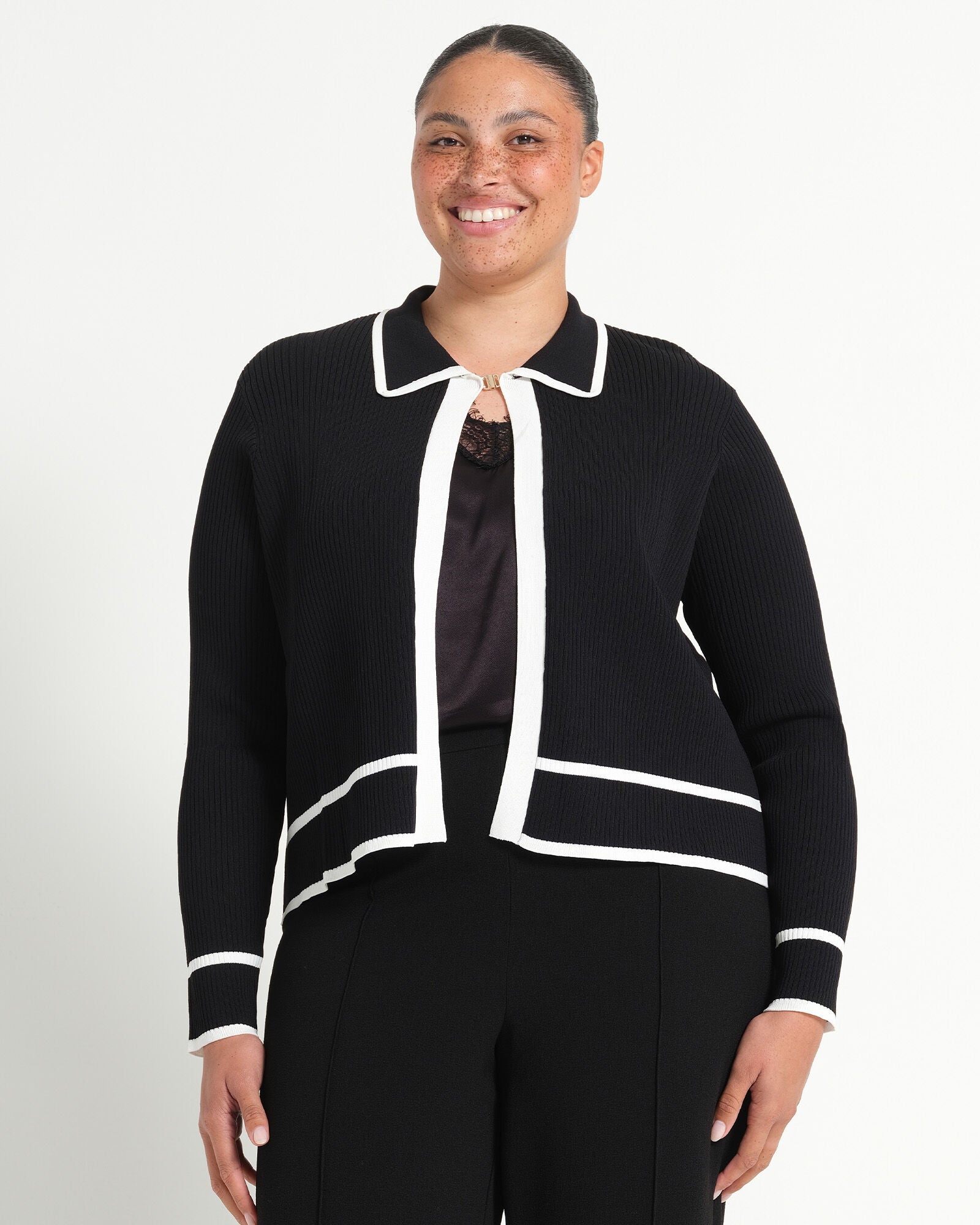 Gracie Contrast Ribbed Cardigan, BlackWhite / Black, alternate image number 4