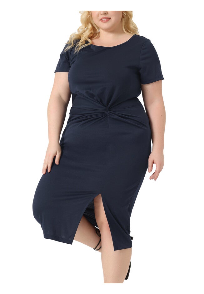 Round Neck Knot Front Short Sleeve Side Split Dress, Navy Blue / Navy, alternate image number null