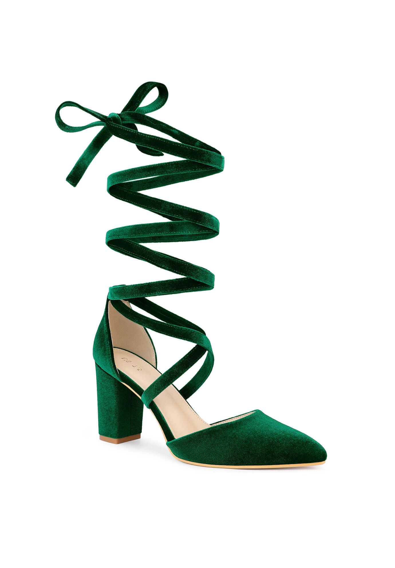 Velvet Lace Up Chunky Heels Pointed Toe Pumps, , hi-res image number 0