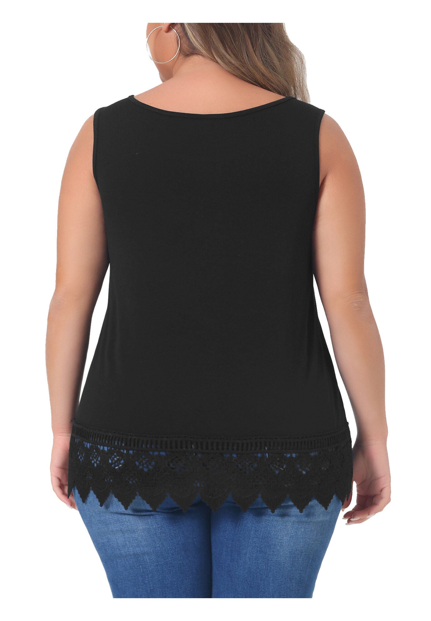 Round Neck Sleeveless Swing Lace Panel Flowy Top, Black / Black, alternate image number 3