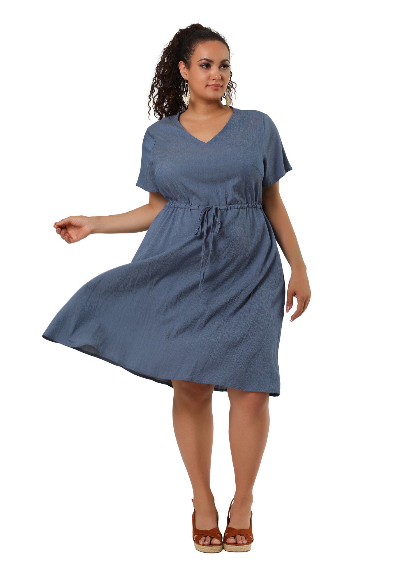 V Neck Short Sleeve A Line Flowy Midi Chambray Dress, Dark Blue / Navy, alternate image number 2