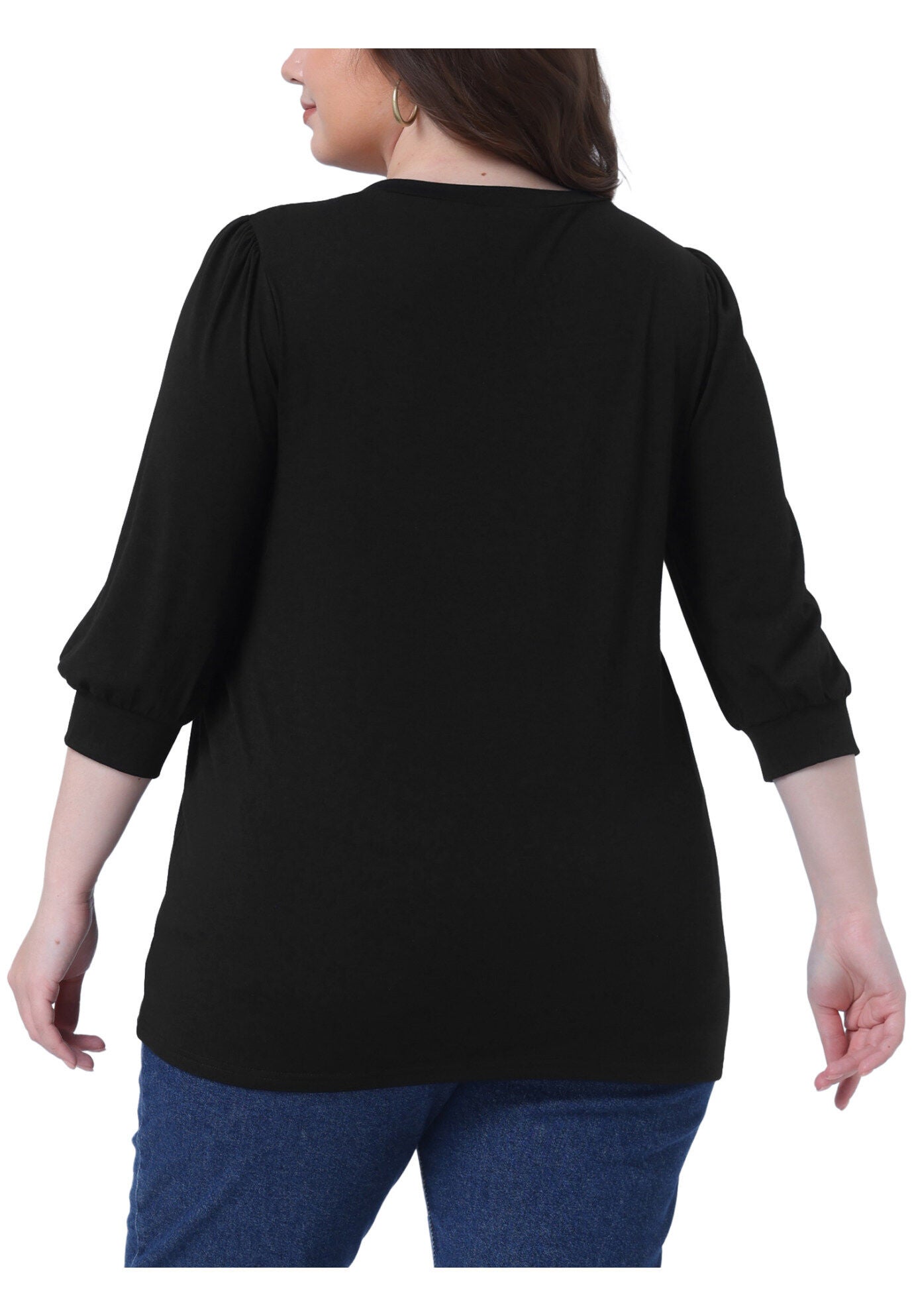 3/4 Sleeve V Neck Button Decor Blouse Shirt, Black / Black, alternate image number 1