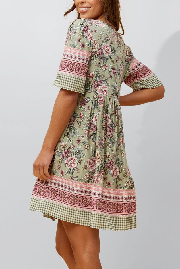 Gloria Short Dress A-Line Floral Print Green, Green / Sage Green, alternate image number 3