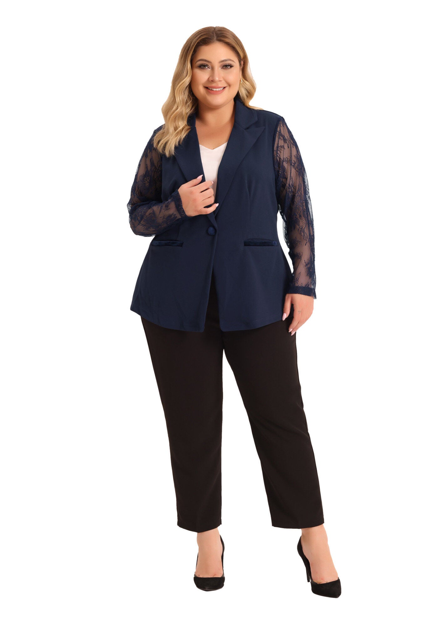NOTCH LAPEL LACE FRONT BLAZER JACKET, Navy Blue / Navy, hi-res image number 0