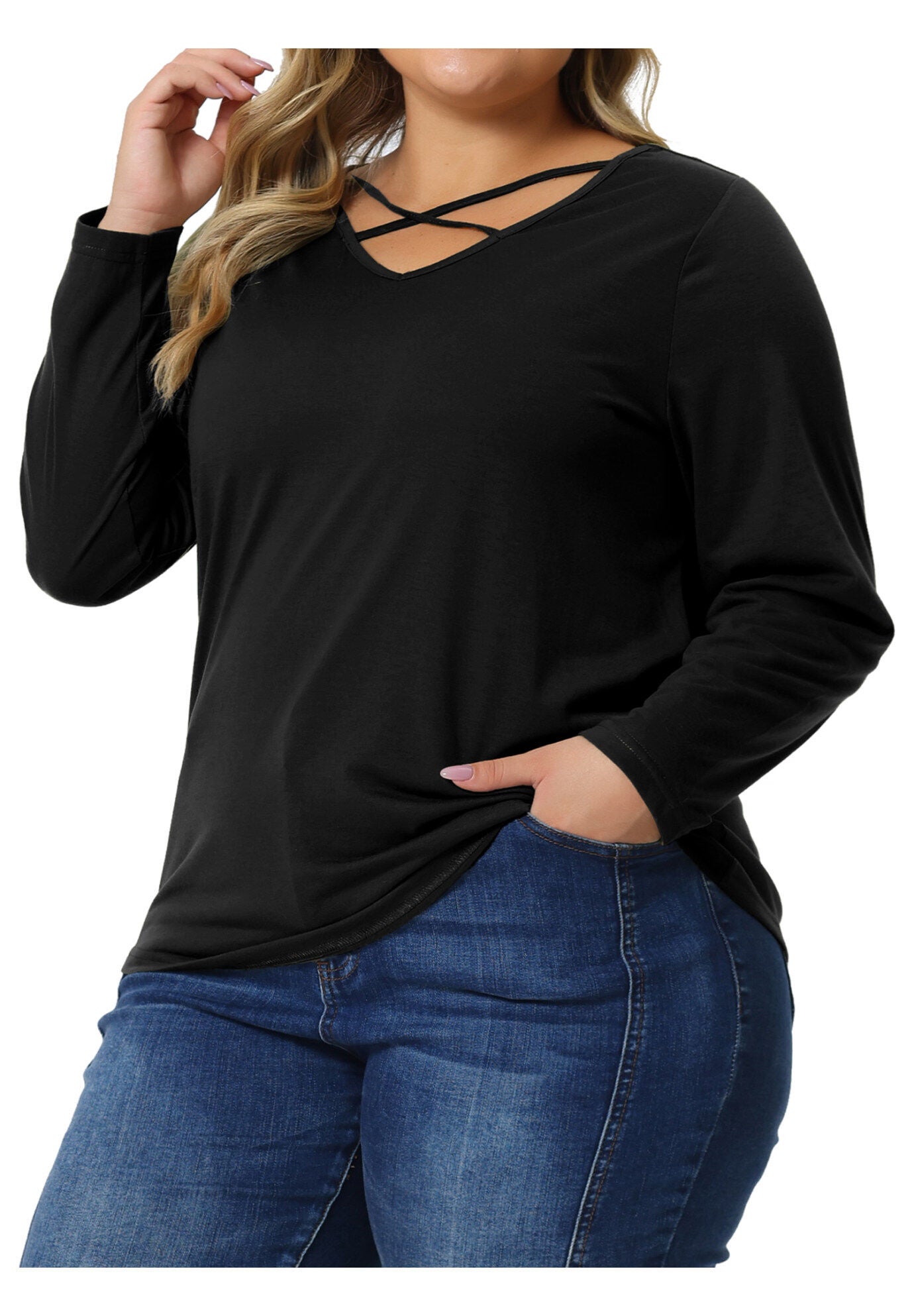 CROSS V NECK LONG SLEEVES T-SHIRT TOP, Black / Black, alternate image number 2