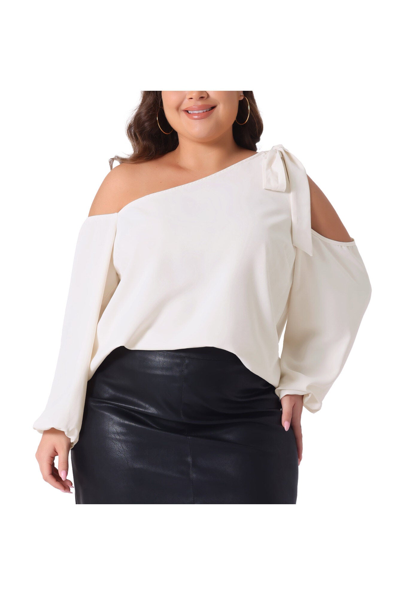 Cold Shoulder Tie Long Sleeve Blouse T-Shirt Tee Top, Beige / Beige, alternate image number 2