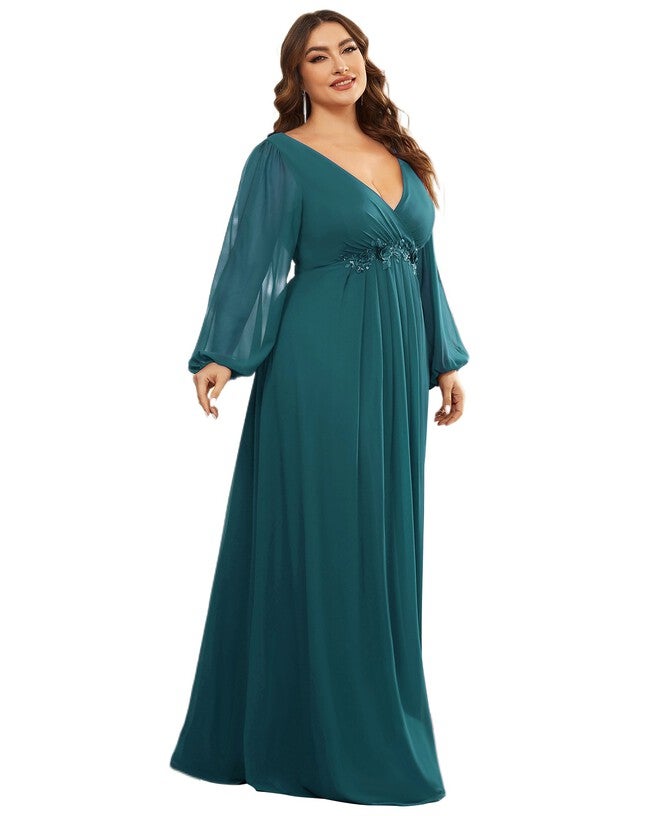 Chiffon V-Neckline Long Sleeve Formal Evening Dress, Teal / Teal, alternate image number 3
