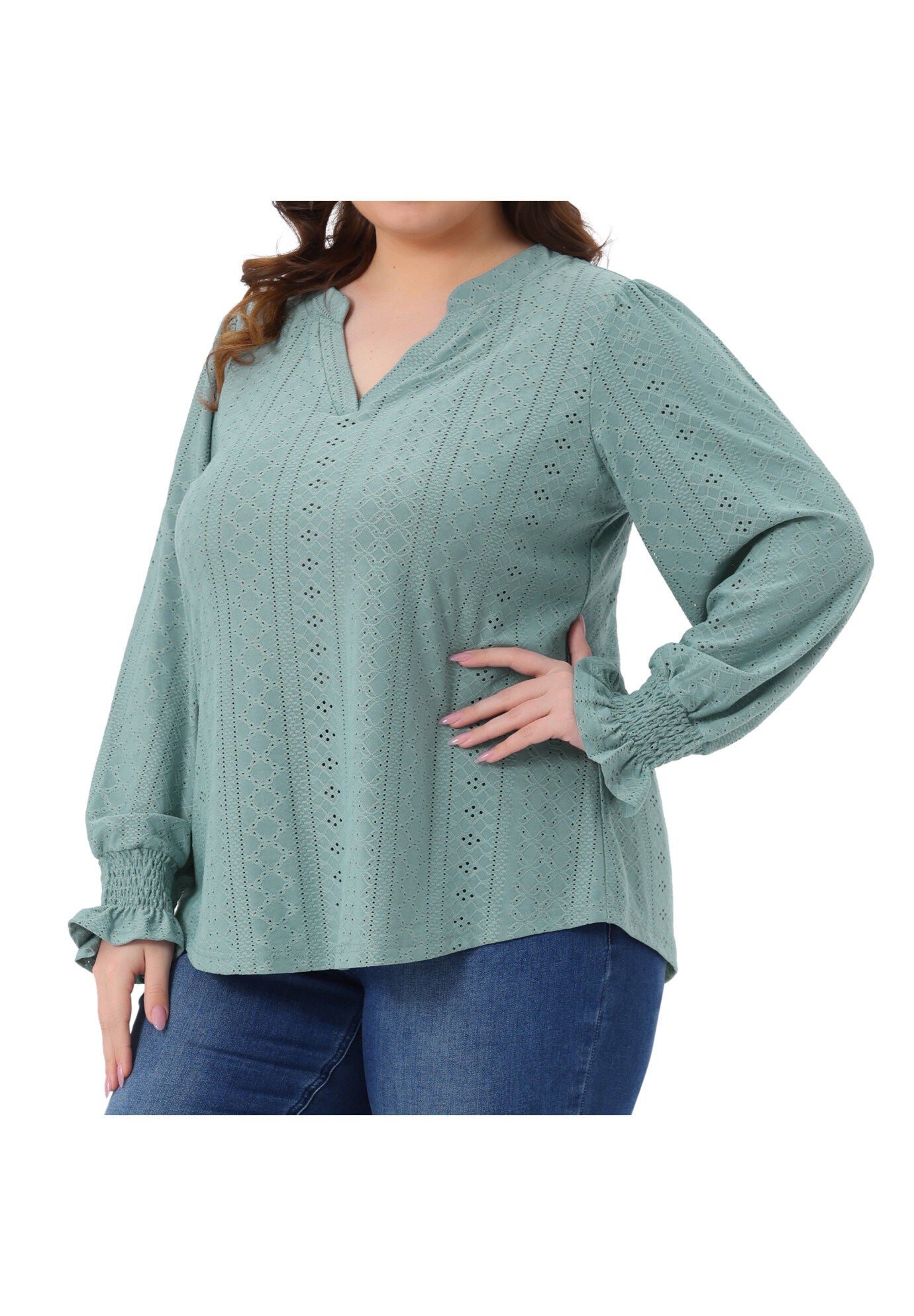 Eyelet Notched V Neck Smocked Hollow Out Blouses, Green / Sage Green, alternate image number 1