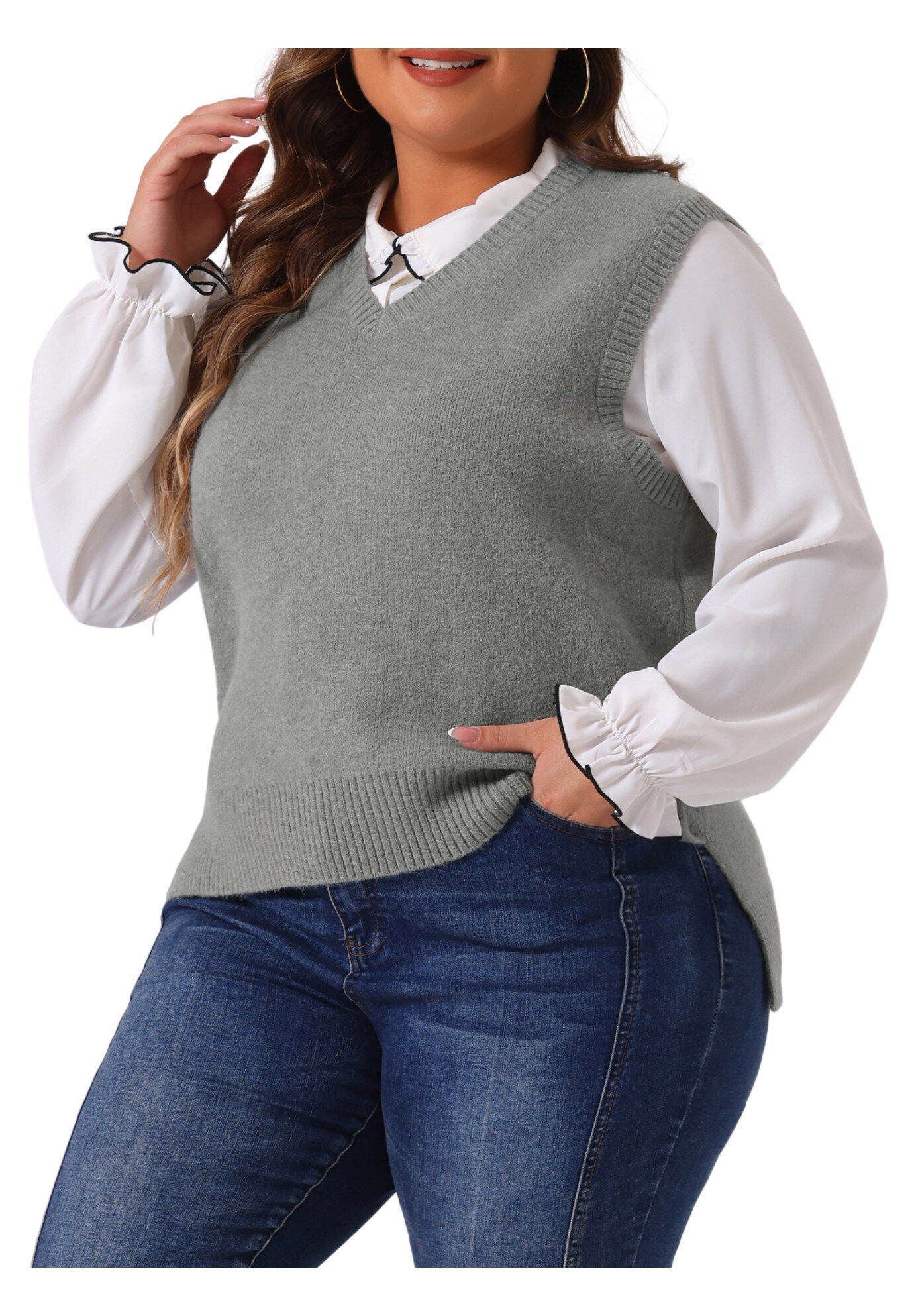 V Neck Knit Vest Sleeveless Pullover Sweater Top, Gray / Cool Gray, alternate image number 1