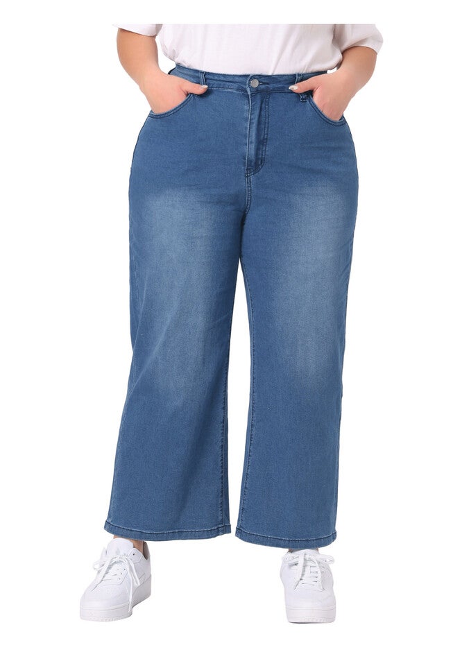 Button Stretchy Washed Wide Leg Jeans Palazzo Pants, Blue / Dusty Blue, alternate image number 1