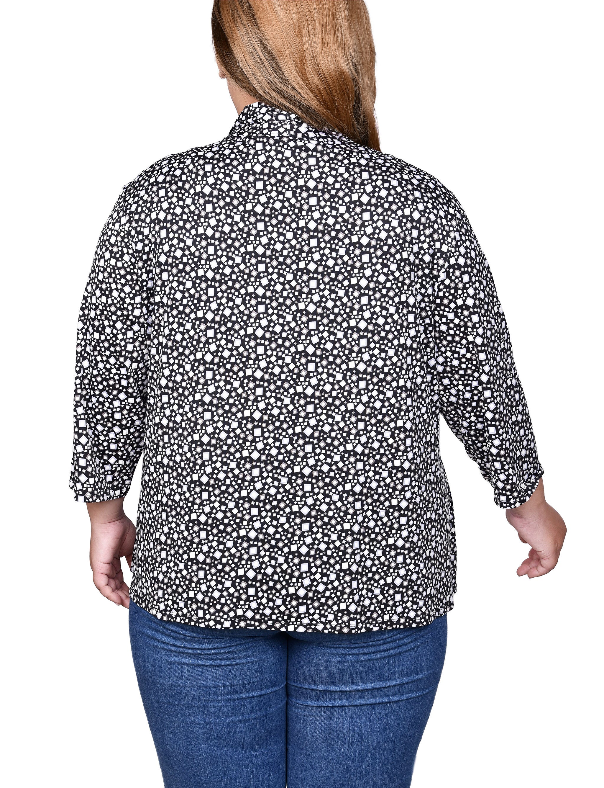 Puff Print 3/4 Sleeve Two-Fer Top, Black Multi Square, alternate image number 1