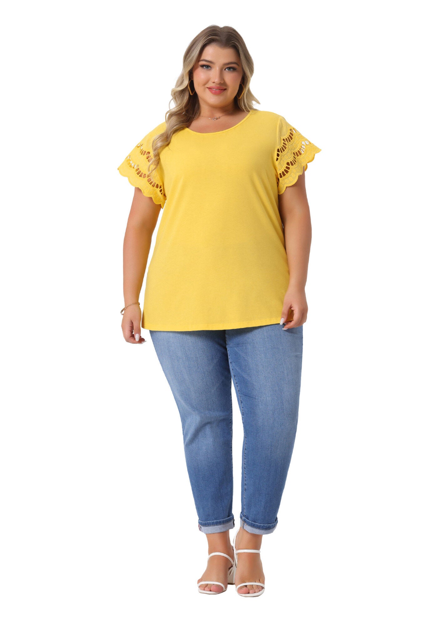 Lace Panel Hollow Short Sleeve Summer Blouse, Yellow / Yellow, hi-res image number 0