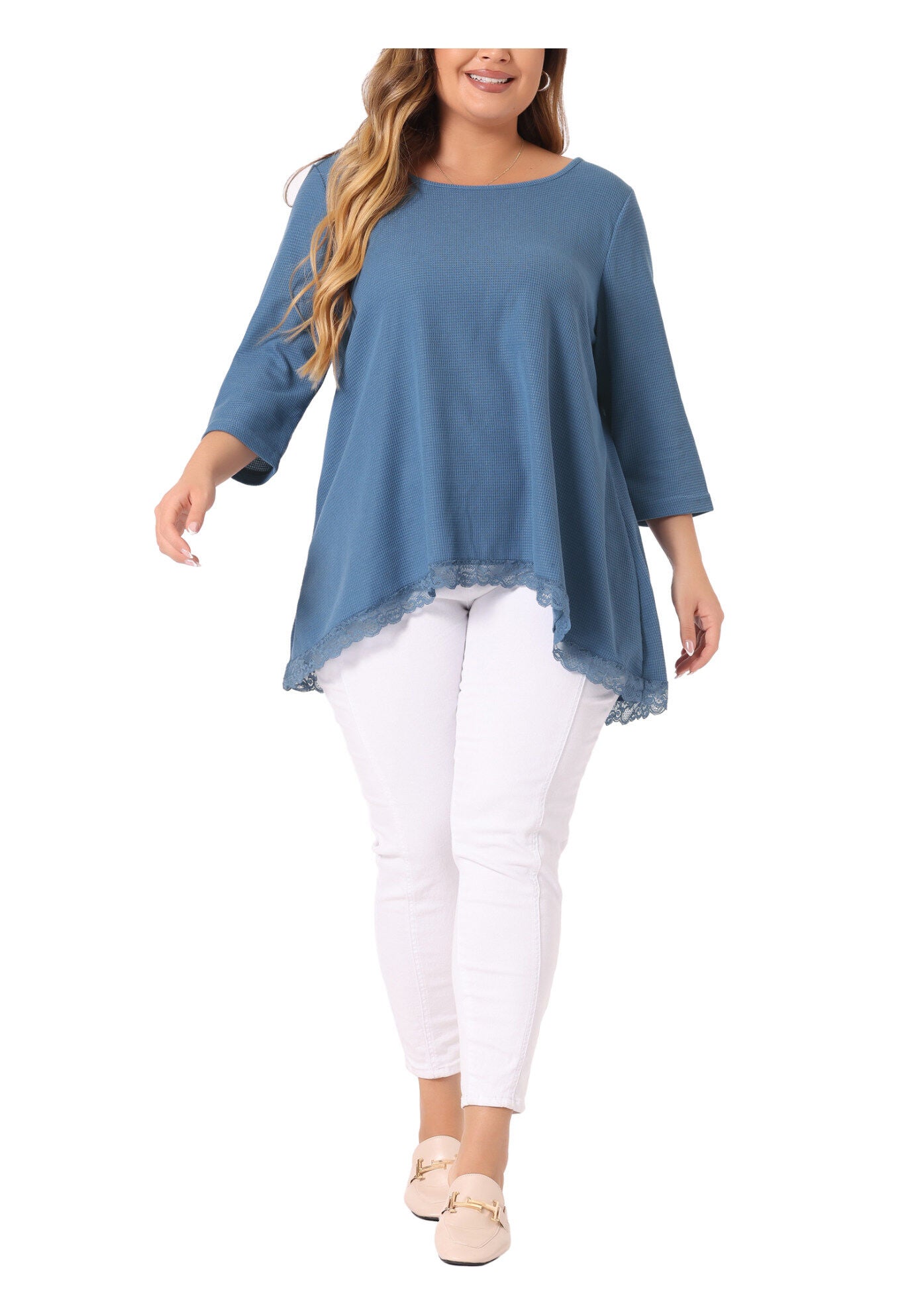 Waffle 3/4 Sleeve Lace Panel Loose High Low Hem Blouse Top, Blue / Cornflower Blue, alternate image number 1