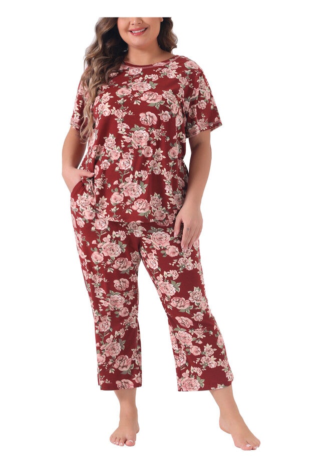 Short Sleeve Sleepwear Soft Lounge Set, Burgundy / Burgundy, alternate image number 2