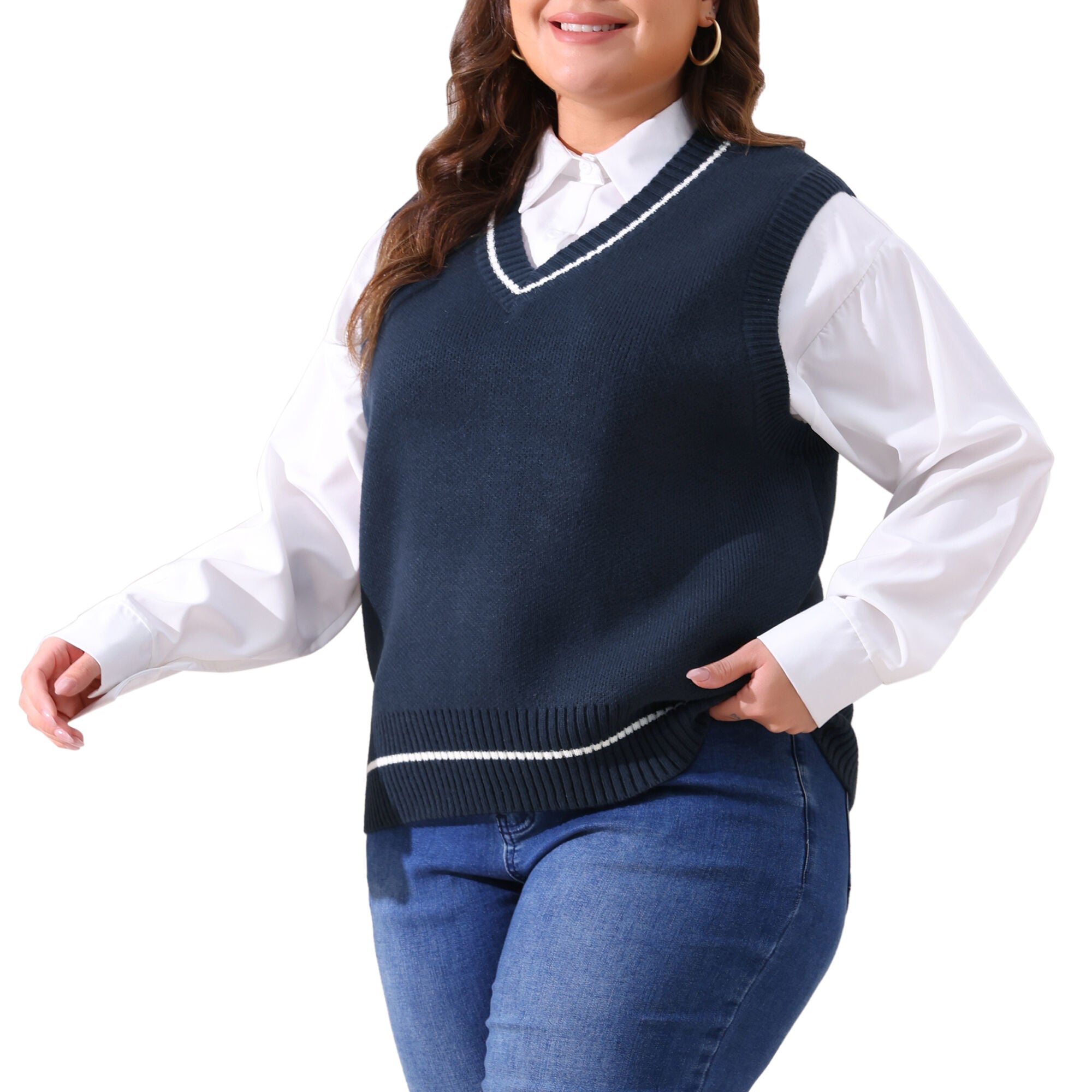 V Neck Stripe Cable Knit Pullover Sweater Vest, Navy Blue / Navy, alternate image number 1