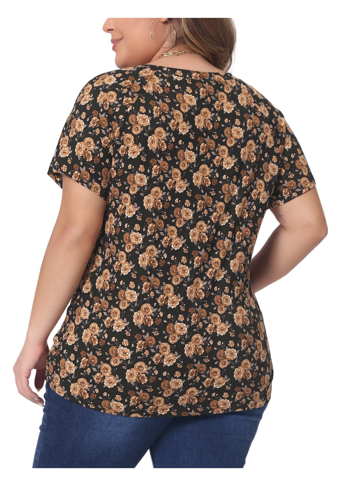 Floral Blouse Short Sleeves Loose Top, Brown / Brown, alternate image number 3