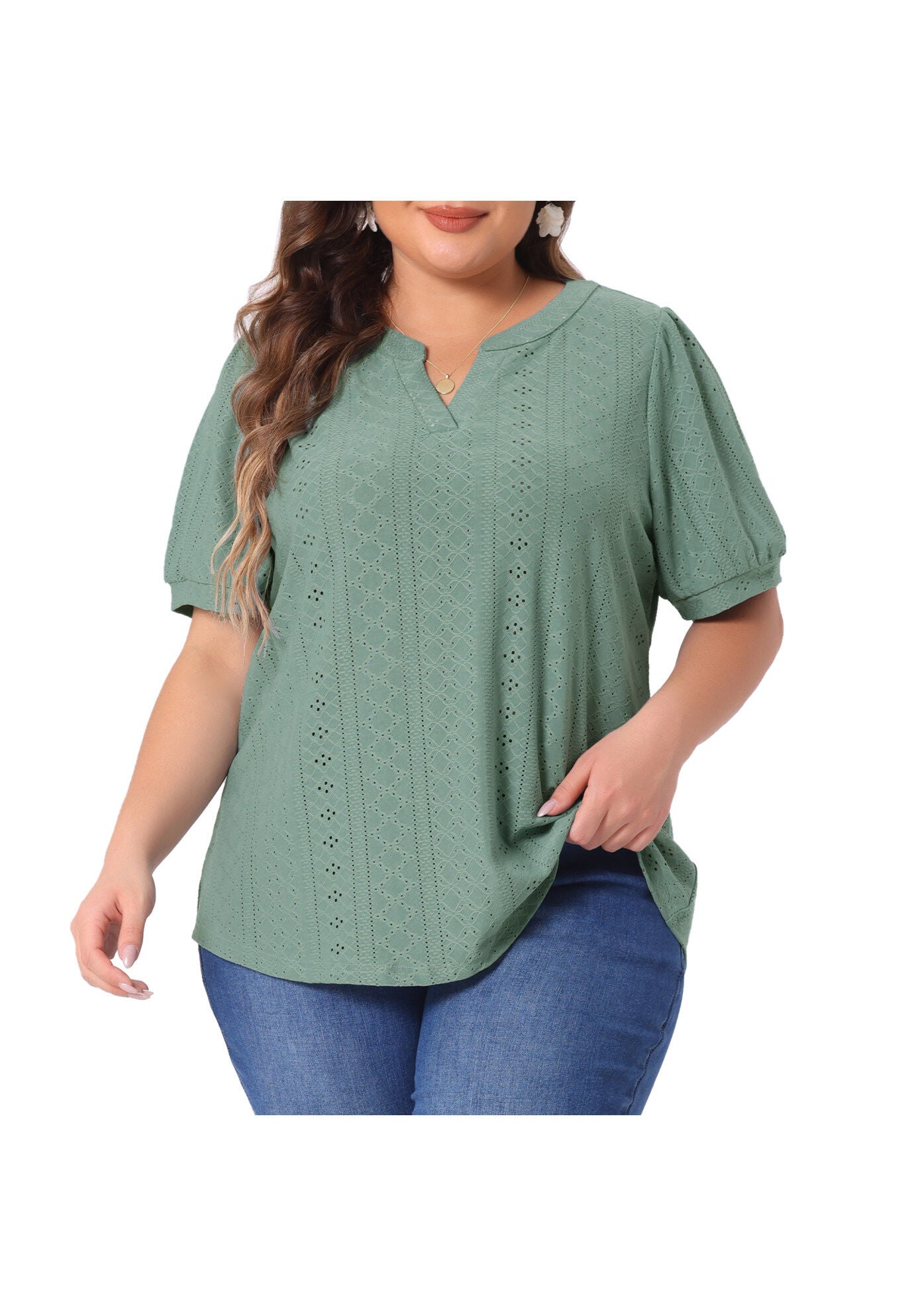 Hollow Casual V Neck Short Sleeve Summer Blouse, Green / Sage Green, alternate image number 2