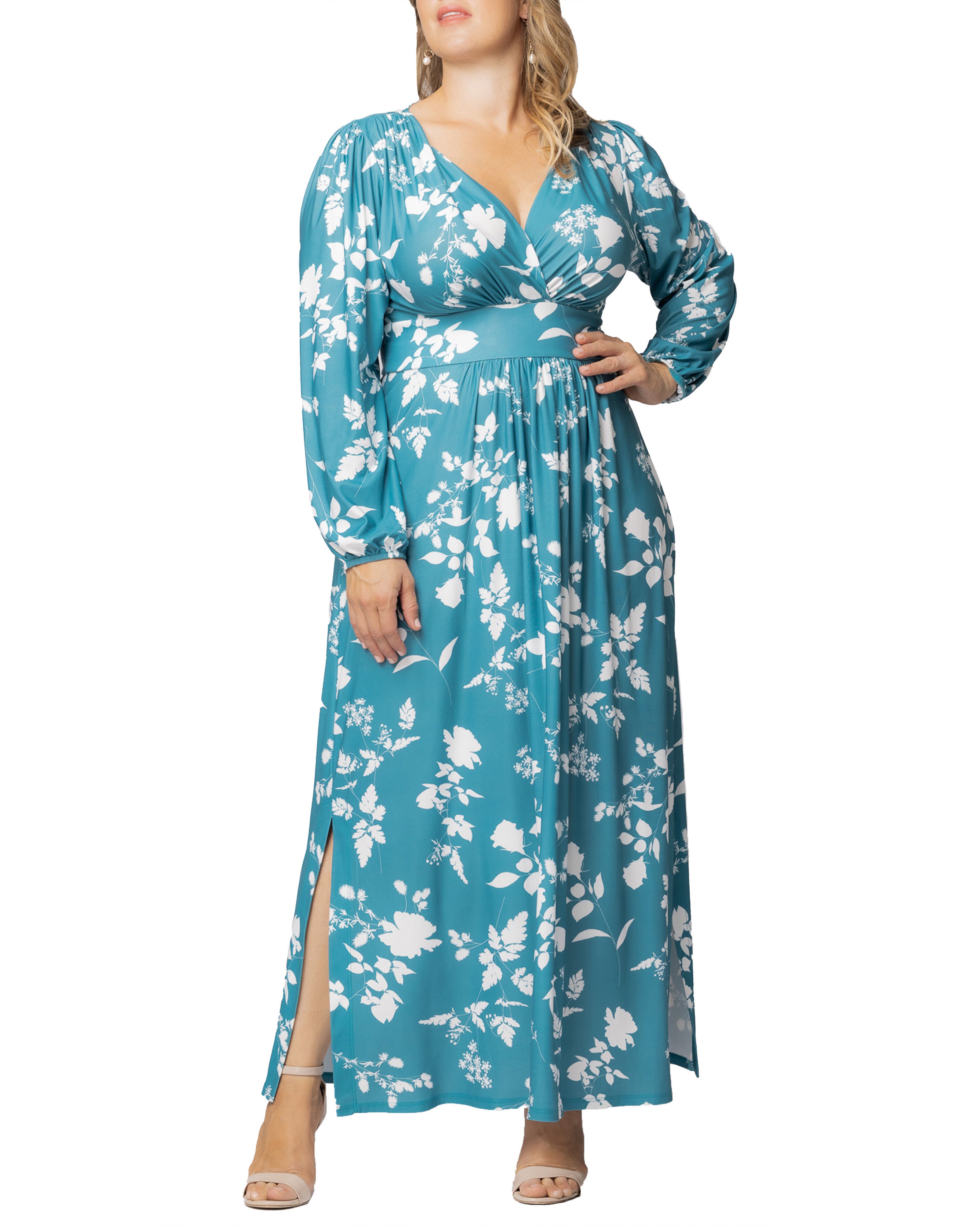 Kelsey Long Sleeve Maxi Dress, AQUA BLOOMS / Turquoise, hi-res image number 0