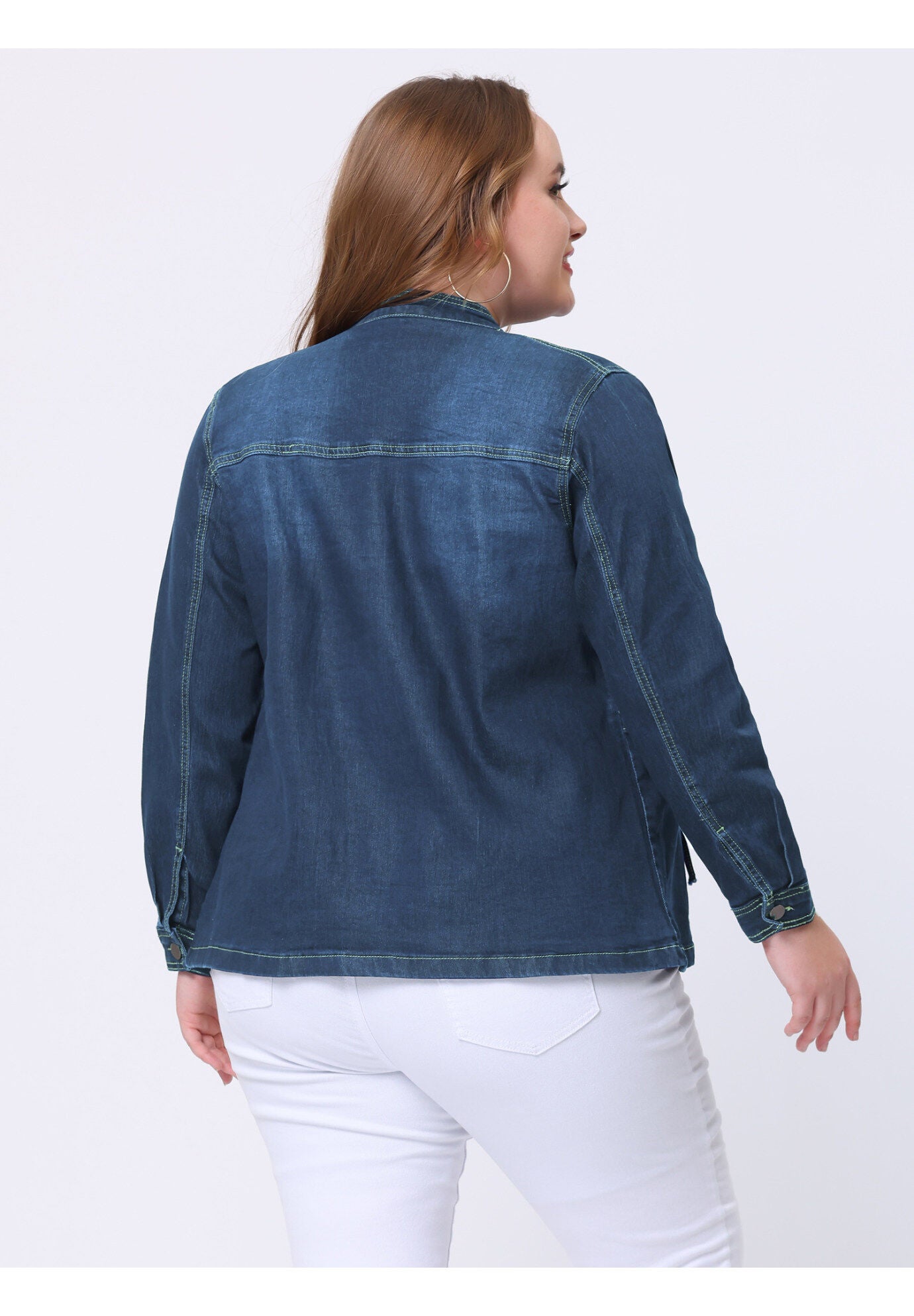 STRETCH STAND COLLAR ZIP DRAWSTRING DENIM JACKET, Navy Blue / Navy, alternate image number 3