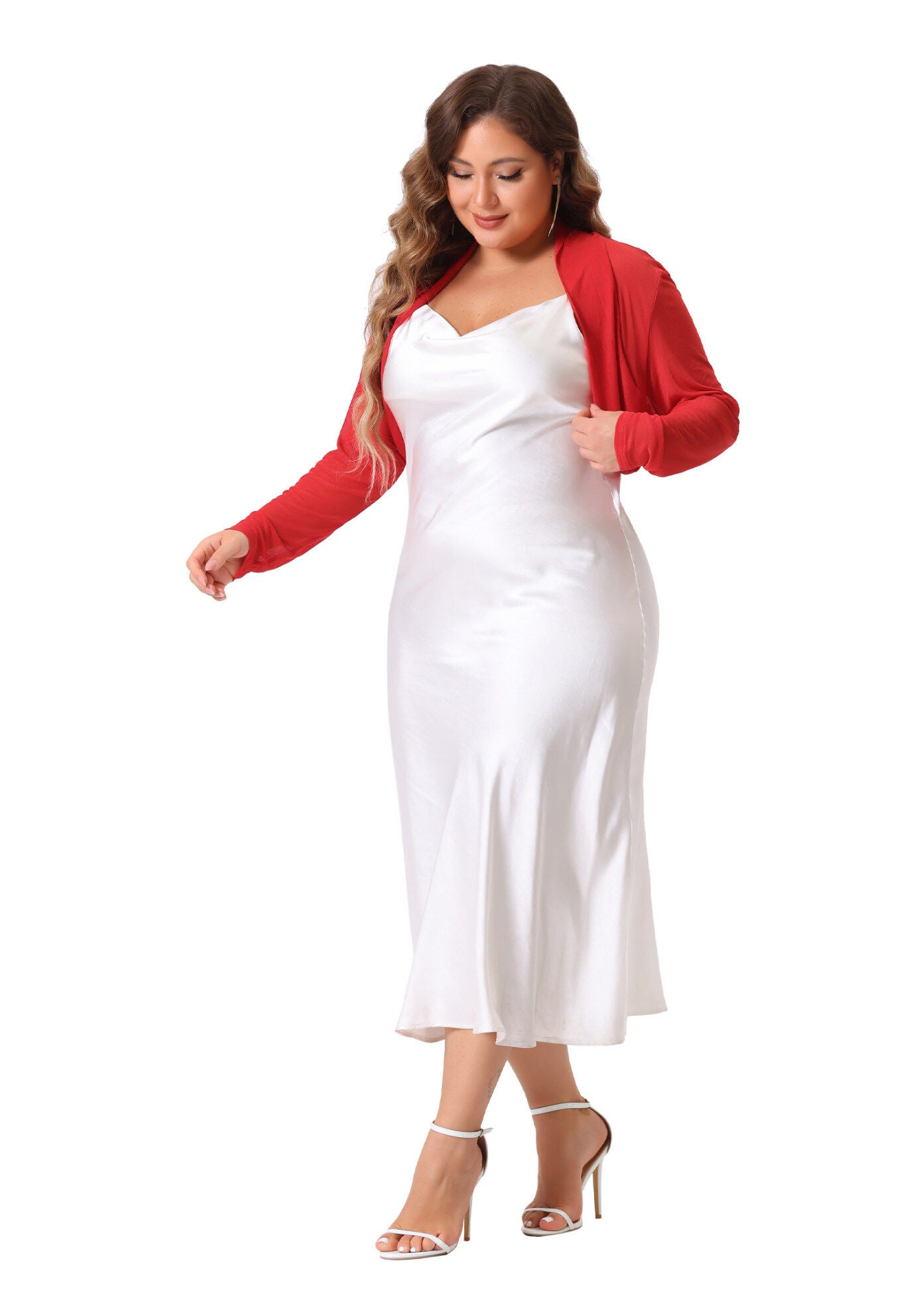 LONG SLEEVE SHEER BOLERO SHRUG MESH CROP CARDIGAN, Red / Red, hi-res image number 0