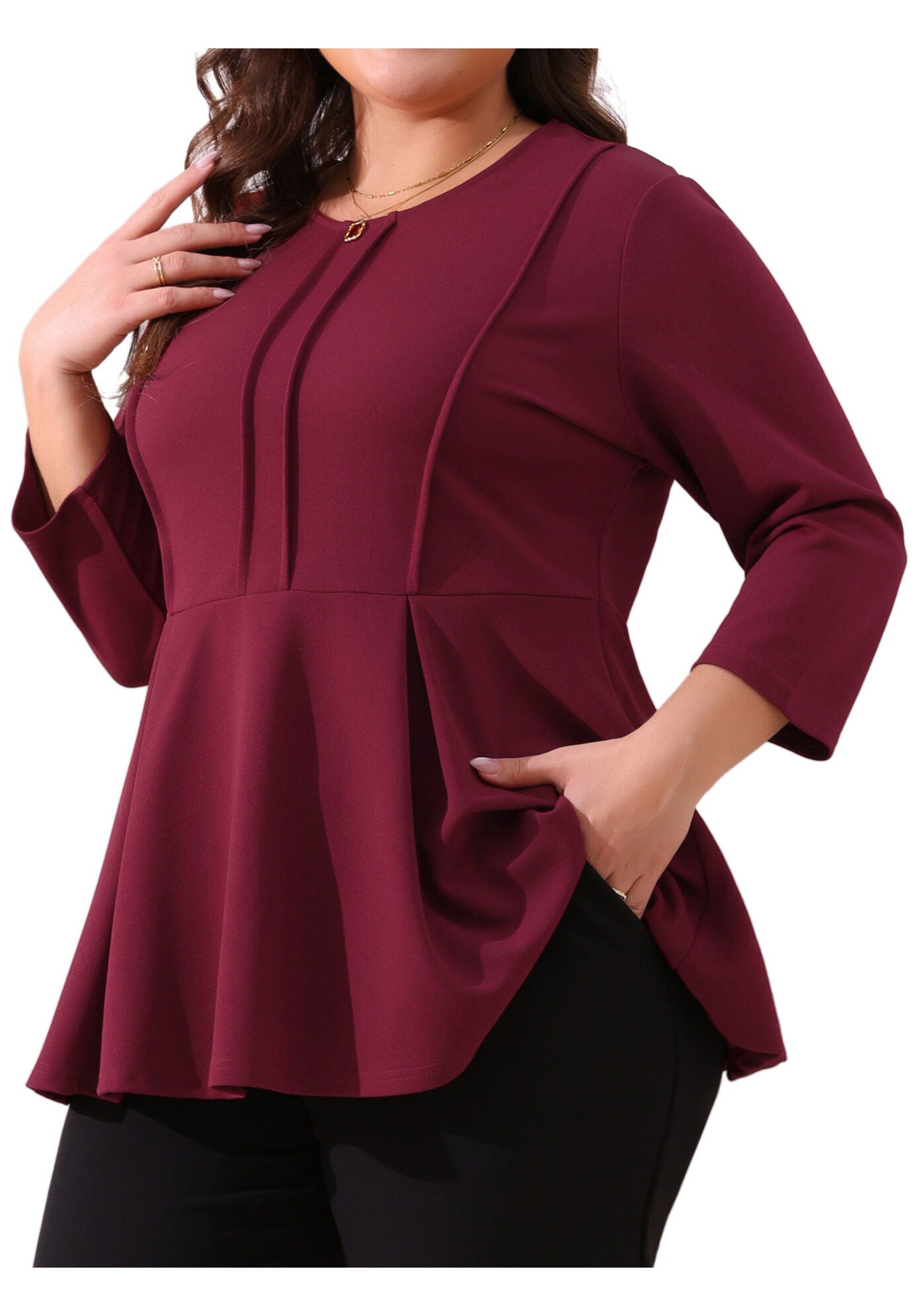 Crew Neck 3/4 Sleeve Peplum Top, Burgundy / Burgundy, alternate image number 2