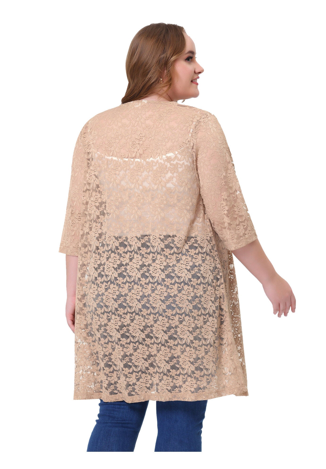 LACE CROCHET 3/4 SLEEVE COVER UP CARDIGAN, Khaki / Beige, alternate image number 1