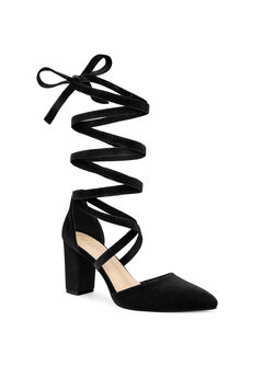 Velvet Lace Up Chunky Heels Pointed Toe Pumps