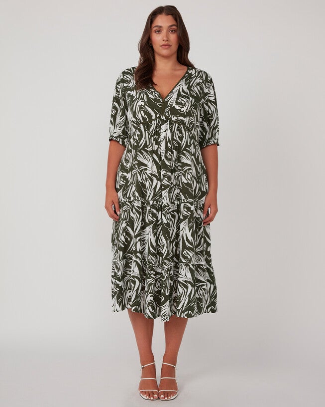 Abstract Print Green Midi Dress, OliveMilk / Olive Green, hi-res image number 0