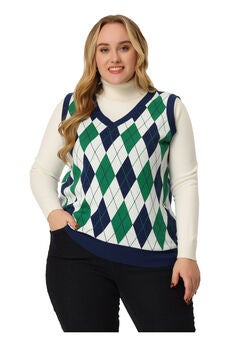 Plaid Cable Knit Sleeveless Pullover Top Sweater Vest