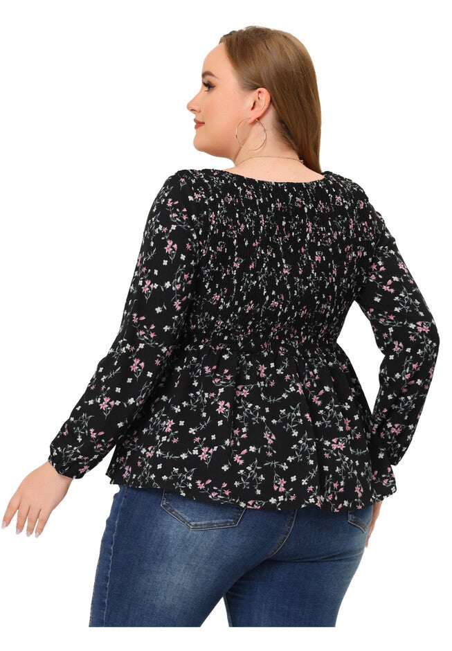 Floral Square Neck Smock Waist Peplum Top, Black / Black, alternate image number 3