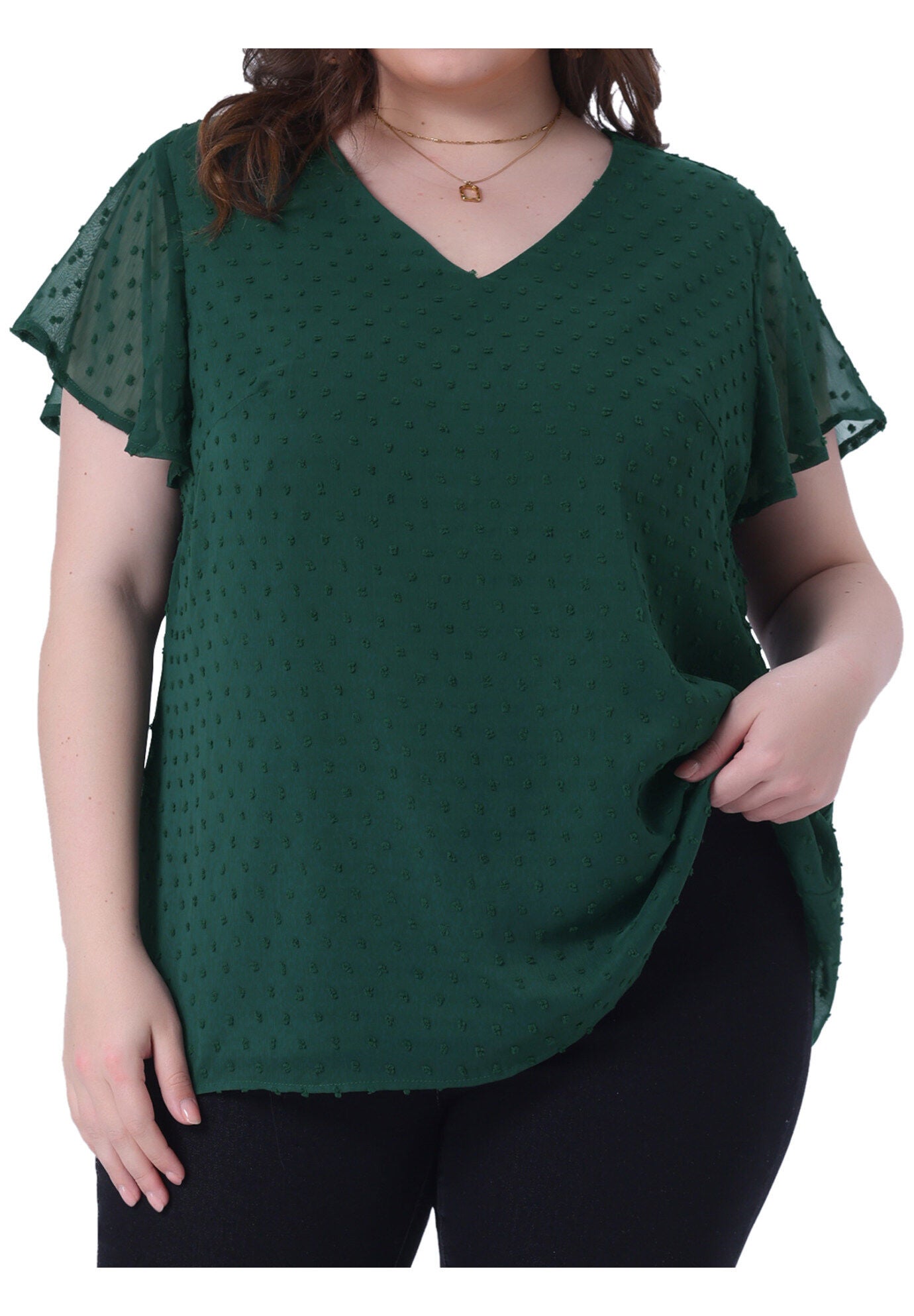 Swiss Dots Blouse V Neck Summer Short Sleeve Casual Top, Dark Green / Forest Green, alternate image number 2