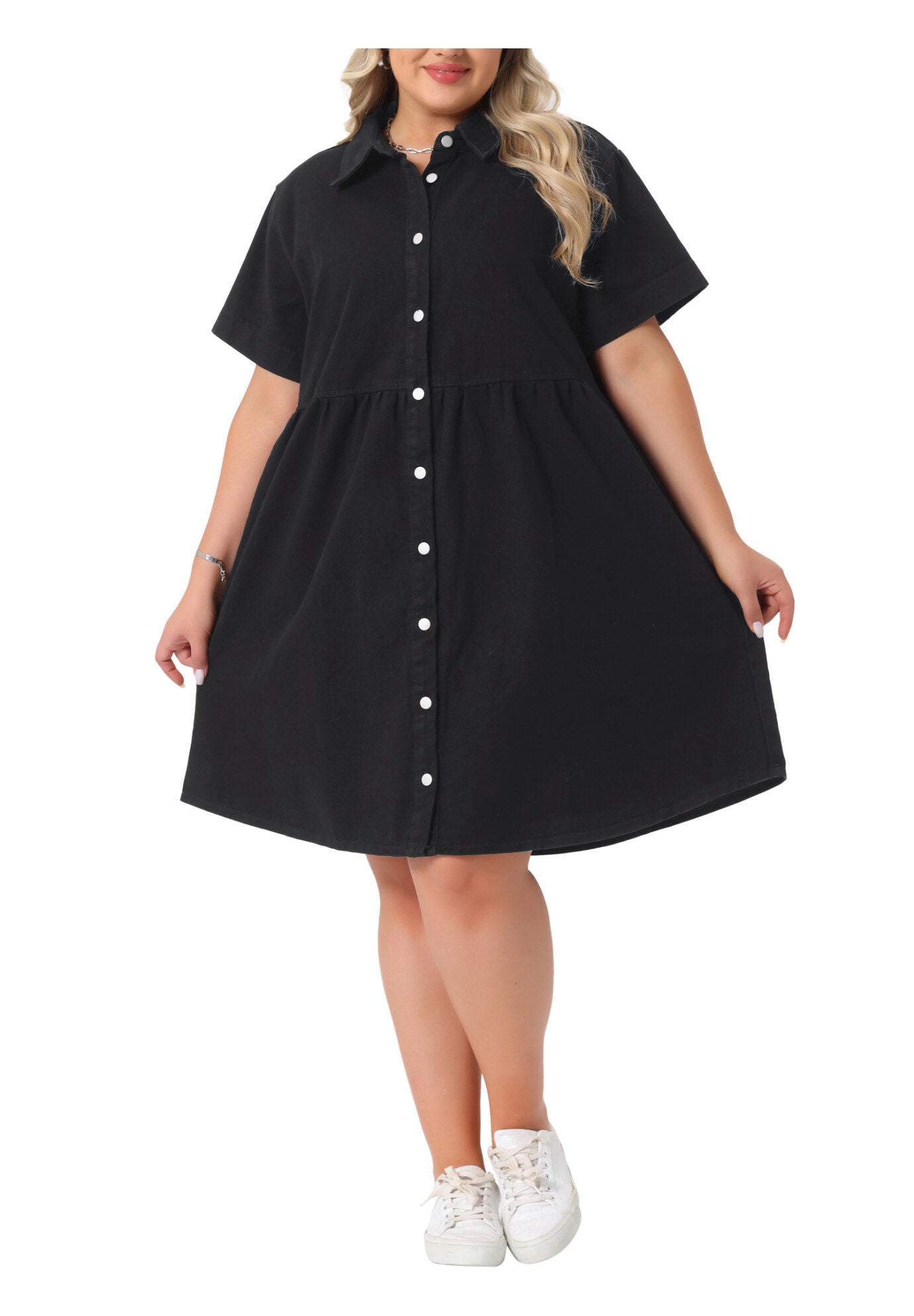 Denim Babydoll Tiered Short Sleeve Button Down Jean Shirt Dress, Black / Black, alternate image number 1