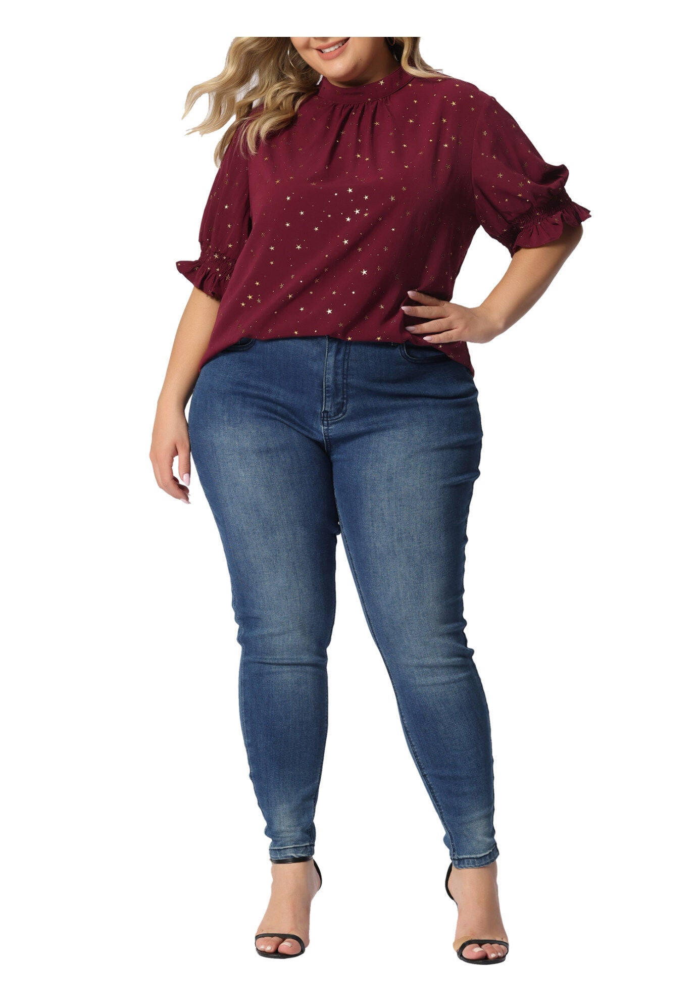 Pleated Mock Neck Star Print Puff Sleeve Blouse Top, Red / Red, alternate image number 1