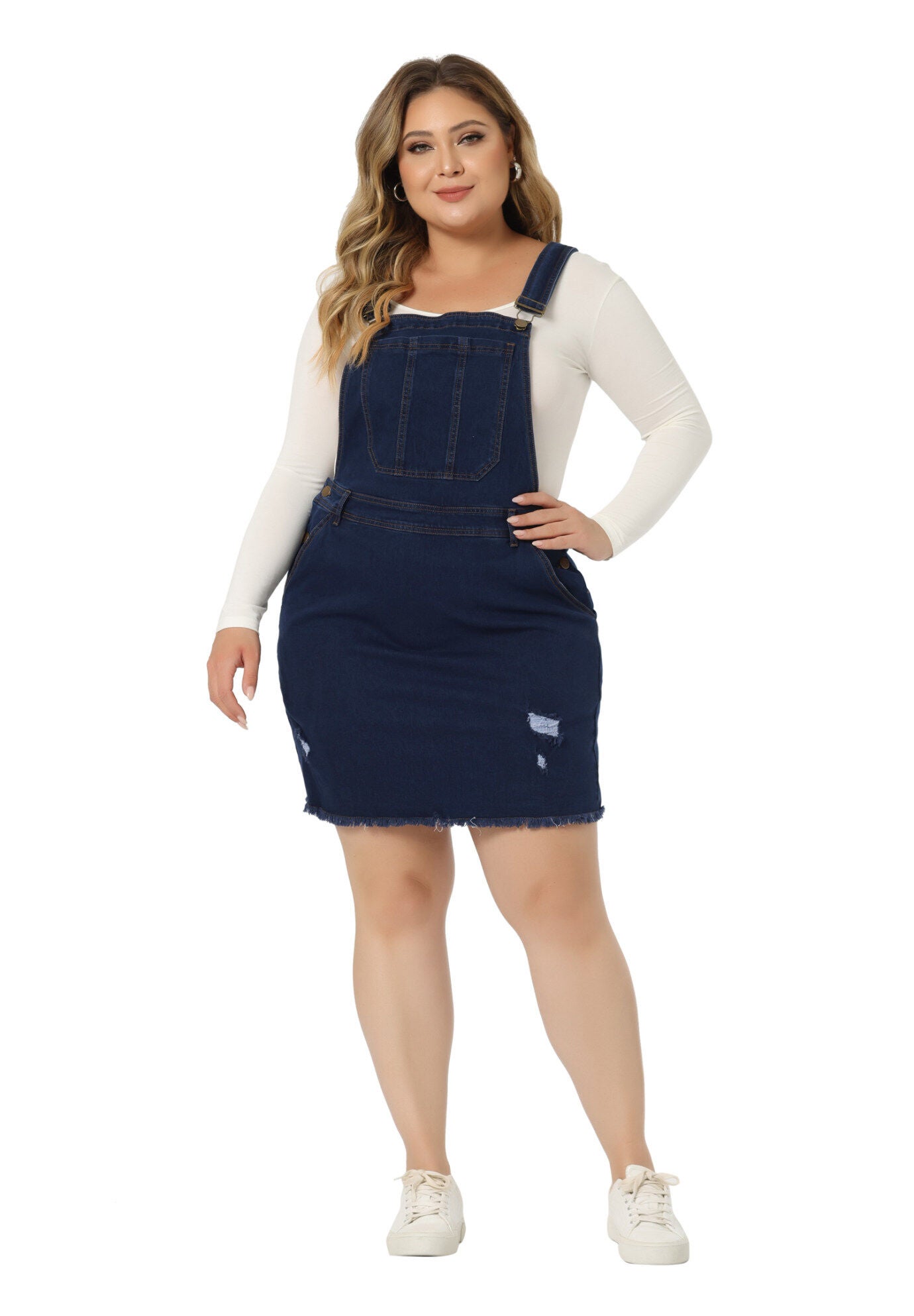 ADJUSTABLE STRAP DISTRESSED DENIM SUSPENDER SKIRT OVERALL DRESS, Dark Blue / Navy, hi-res image number 0