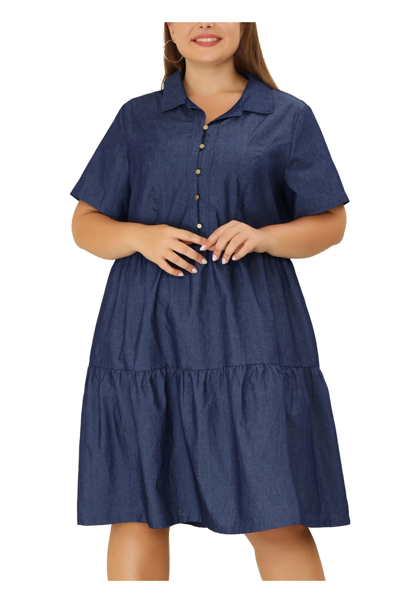 Short Sleeve Button Down Flowy Tiered Shirt Chambray Dress, Black Blue / Navy, alternate image number 1