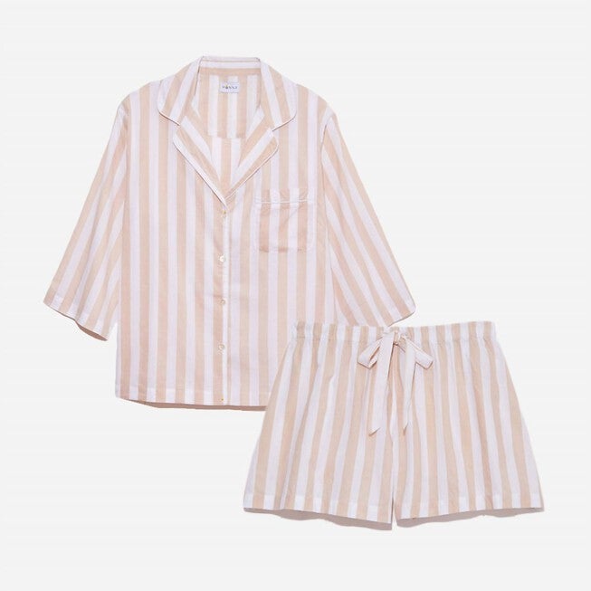 WOMEN'S COTTON CLASSIC STRIPED SHORT PAJAMA SET IN BEIGE, Beige / Beige, hi-res image number 0