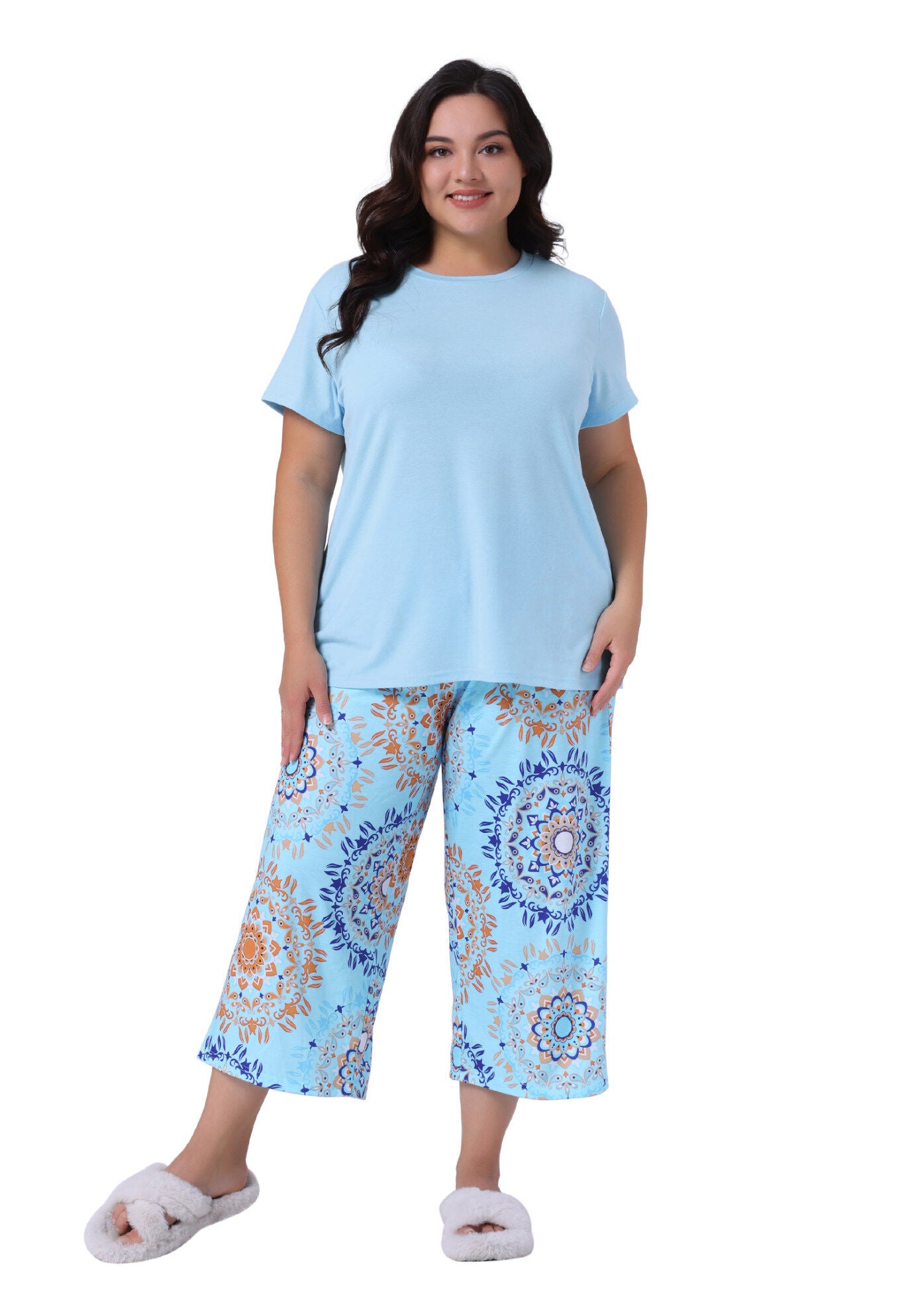 Short Sleeve Tops Pants Two-Piece Pajamas Set, Blue / Azure Blue, hi-res image number 0
