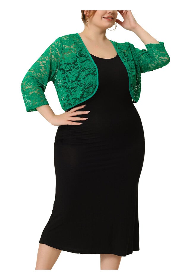FLORAL LACE SHRUG 3/4 SLEEVE LIGHTWEIGHT SHEER BOLERO CARDIGAN, Green / Forest Green, alternate image number 1