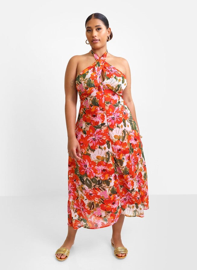 GIADA FLORAL HALTER MIDI SLIP DRESS, Multicolor / Orange, alternate image number 3