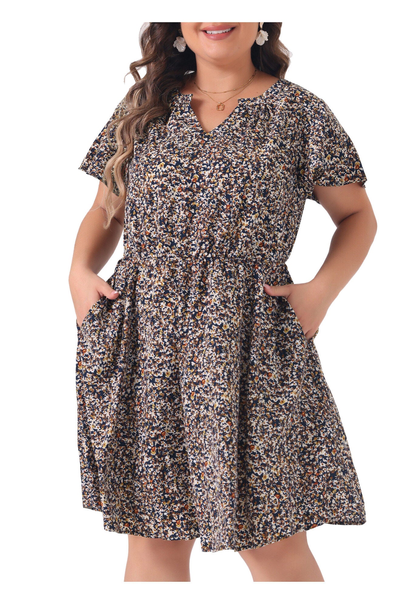 Boho Floral Notched V Neck Ruffle Sleeve A Line Midi Dress, Navy Blue / Navy, alternate image number 1