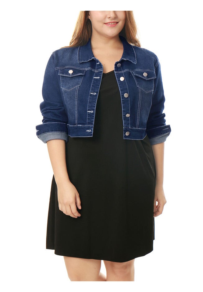 BUTTON CLOSED CROPPED DENIM JACKET, Dark Blue / Navy, alternate image number 2
