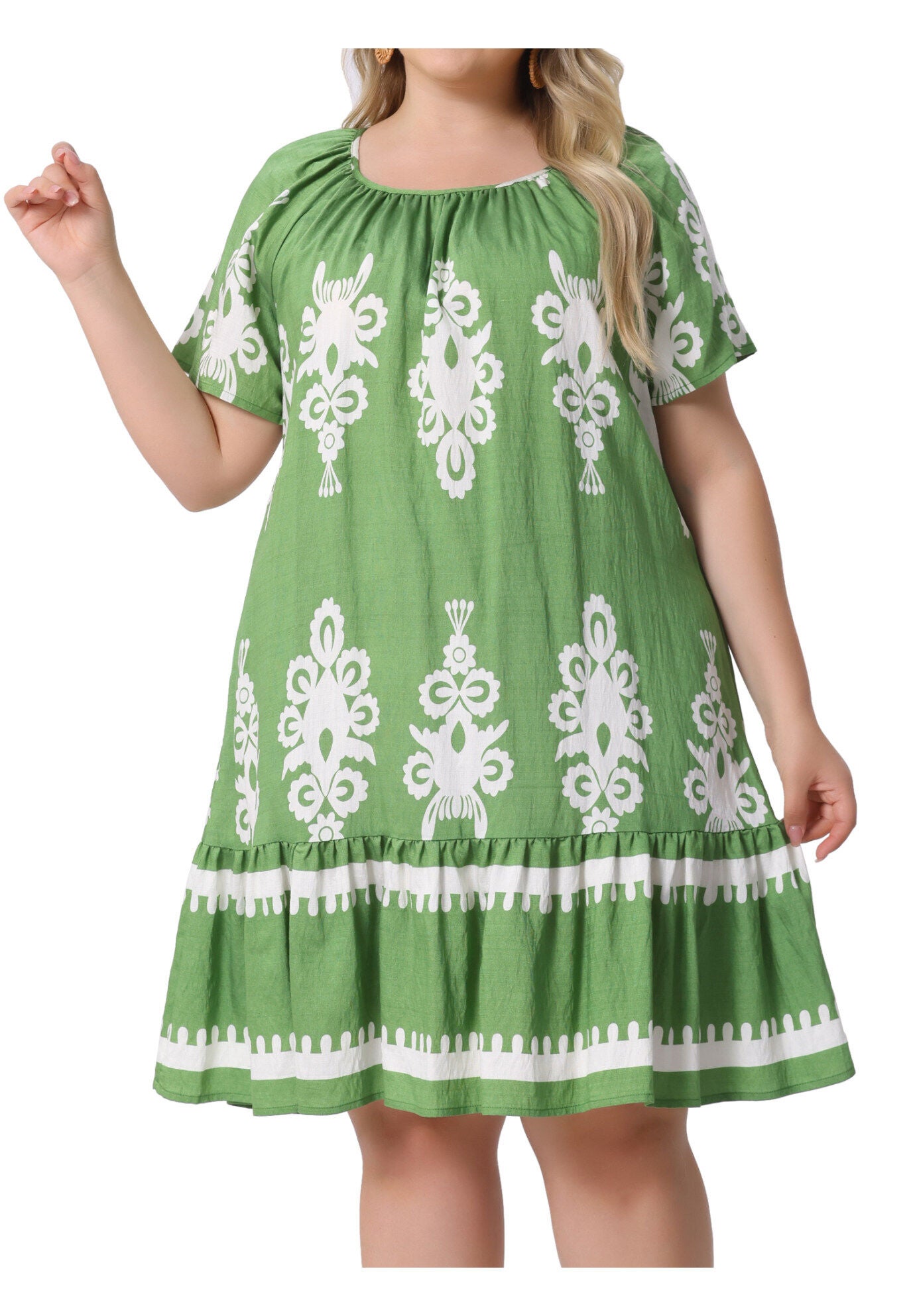 Summer Boho Short Sleeve Flared Midi Sun Dress, Green / Light Green, alternate image number 2