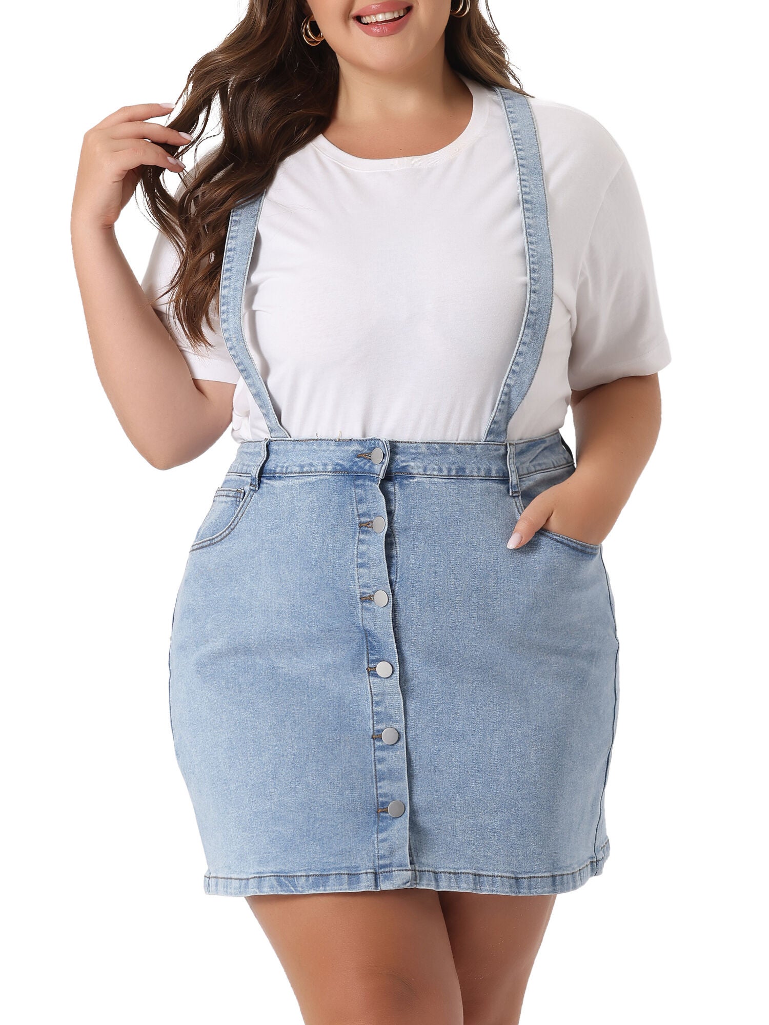 Suspender Skirt Adjustable Strap Cross Back Mini Denim A-Line Overall Dress, Light Blue / Light Blue, hi-res image number 0