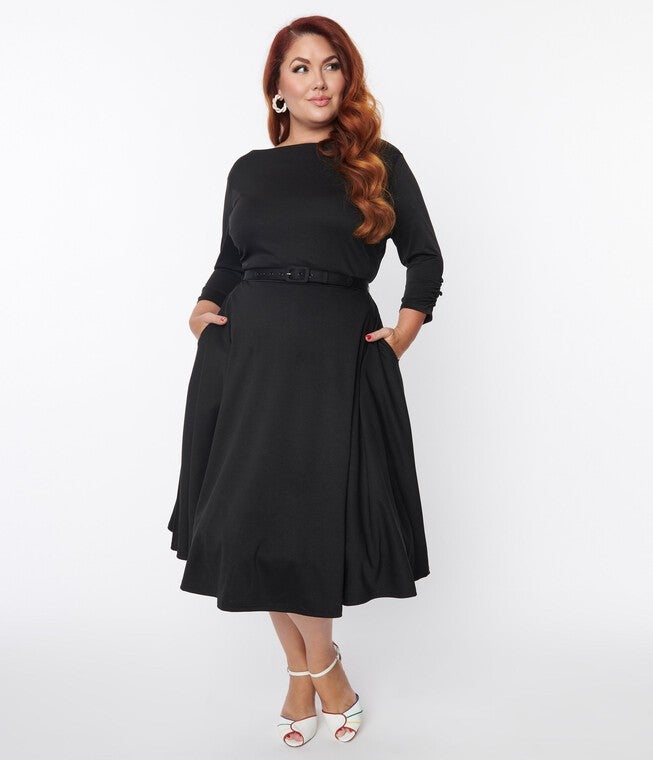 Unique Vintage Black Knit Devon Swing Dress, Black / Black, alternate image number 1