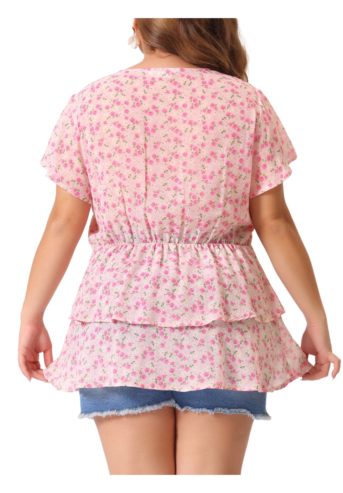 Short Sleeve Layered Casual Floral Blouse Summer Top, Pink / Pink, alternate image number 3