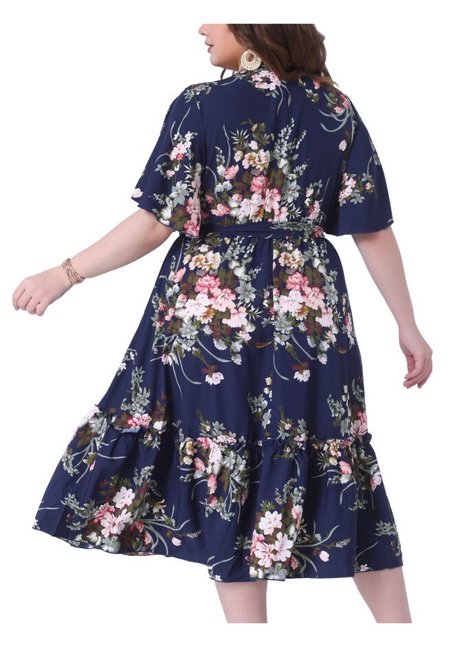 V Neck Wrap Dress Ruffle Sleeves Summer Floral Dress, Navy Blue / Navy, alternate image number null