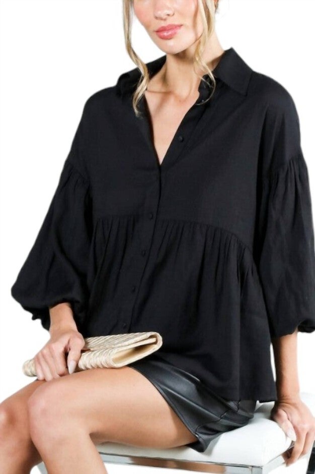 COLLARED BALLOON SLEEVE BUTTON DOWN SHIRT, Black / Black, alternate image number null