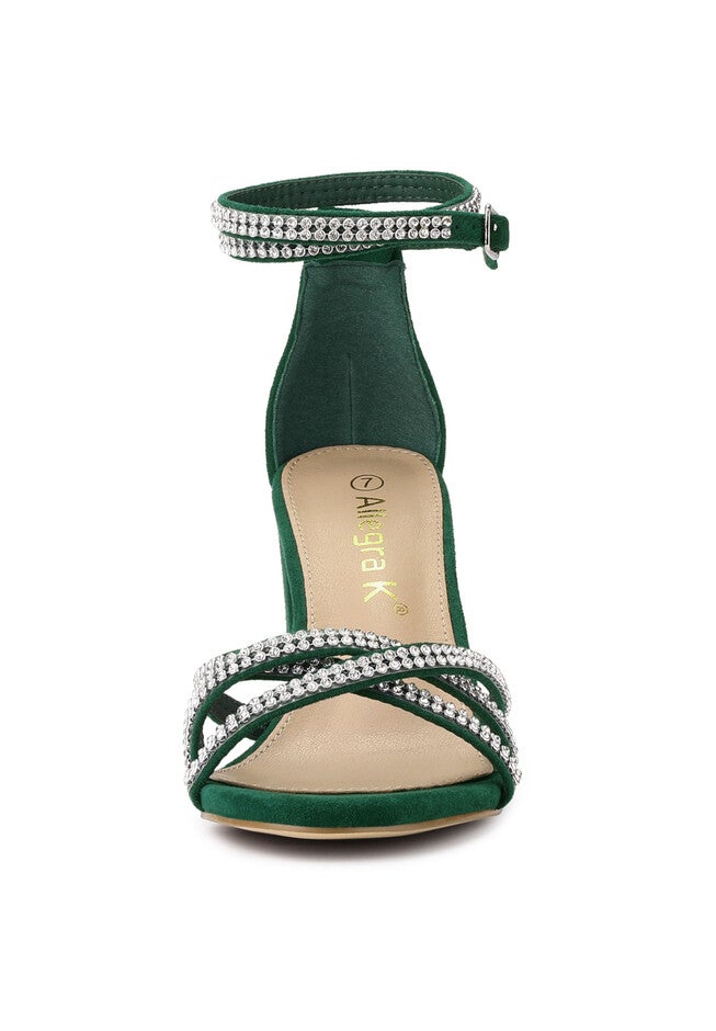 Rhinestones Strappy Chunky Heel Sandals, Dark Green / Forest Green, alternate image number 1
