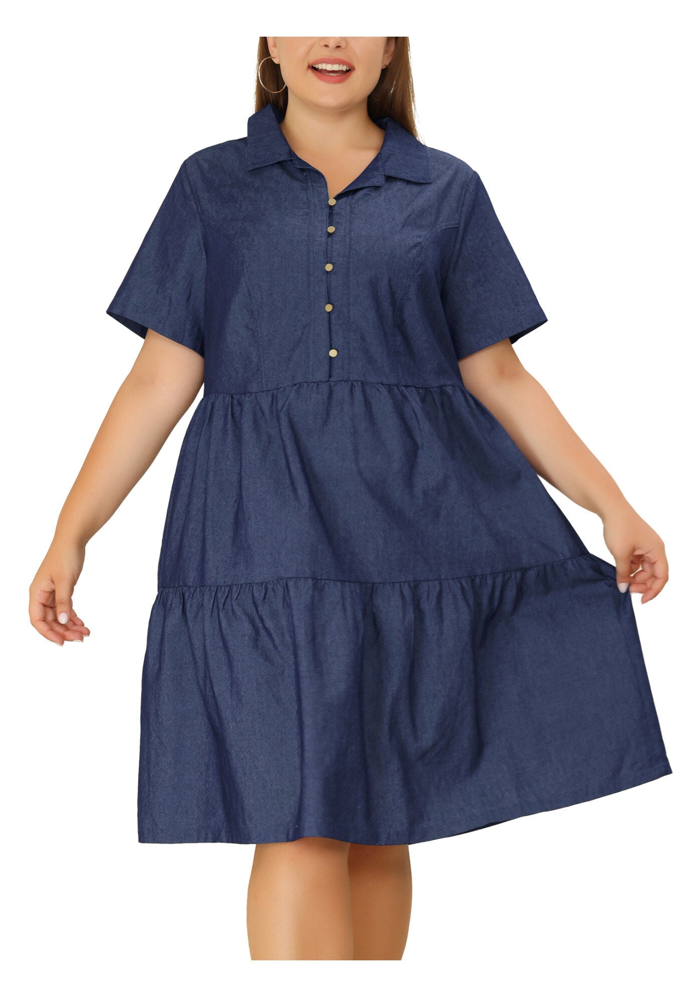 Short Sleeve Button Down Flowy Tiered Shirt Chambray Dress, Black Blue / Navy, alternate image number 2